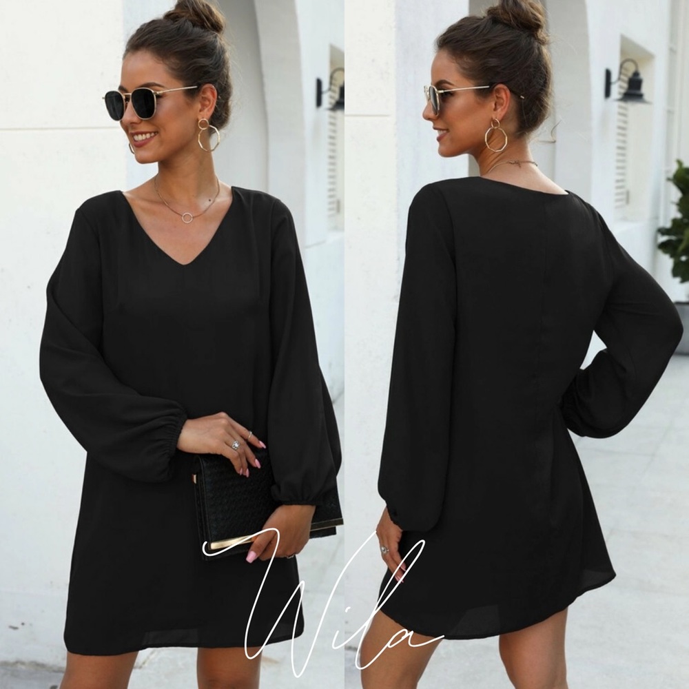 Long lantern sleeve dress v neck black - Picture 1 of 2